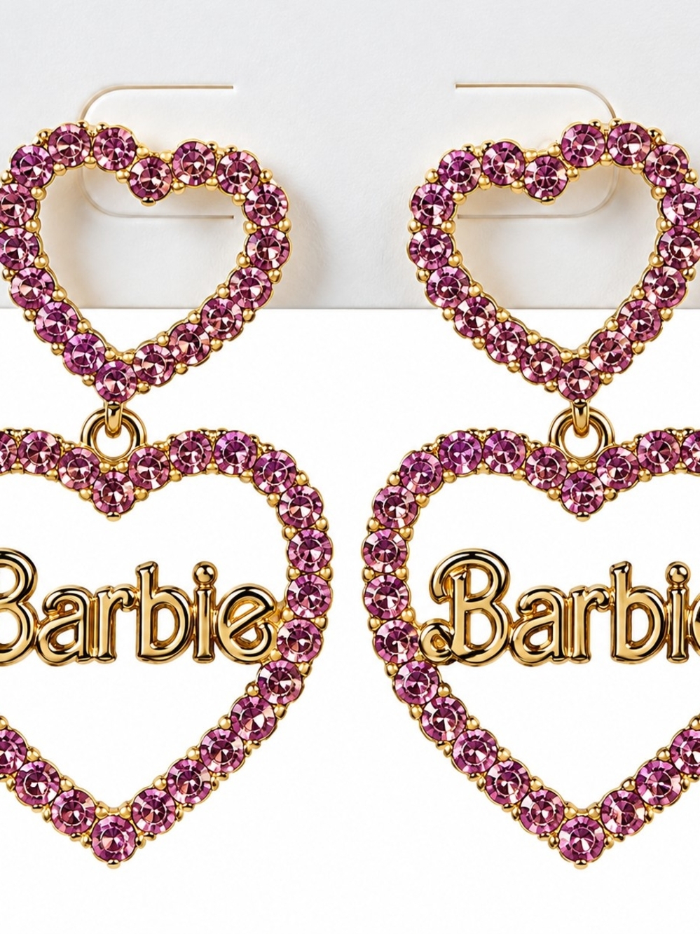 Barbie Gold-Tone Pink Crystal Heart Dangle Earrings